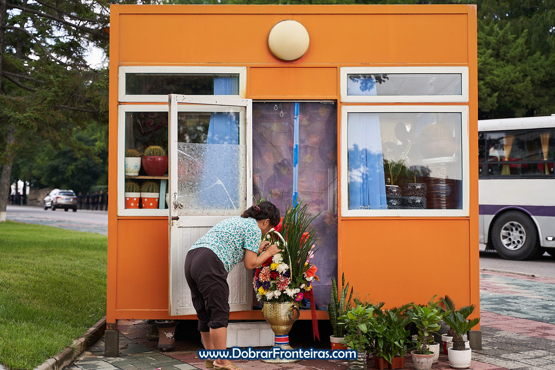 Mulher em quiosque laranja para venda de flores em Pyongyang
